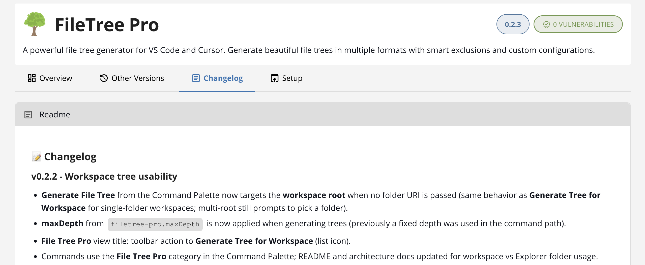 Changelog without version headers and rendered as Markdown block