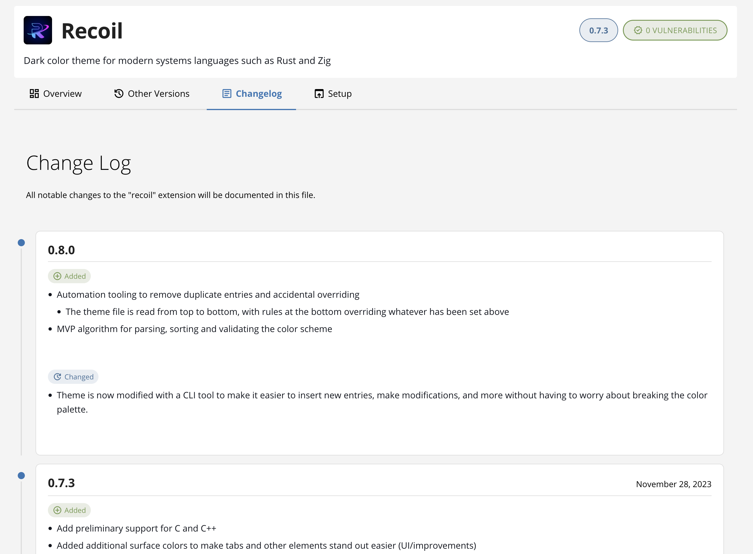 Changelog entries shown as with version headers and rendered Markdown release notes