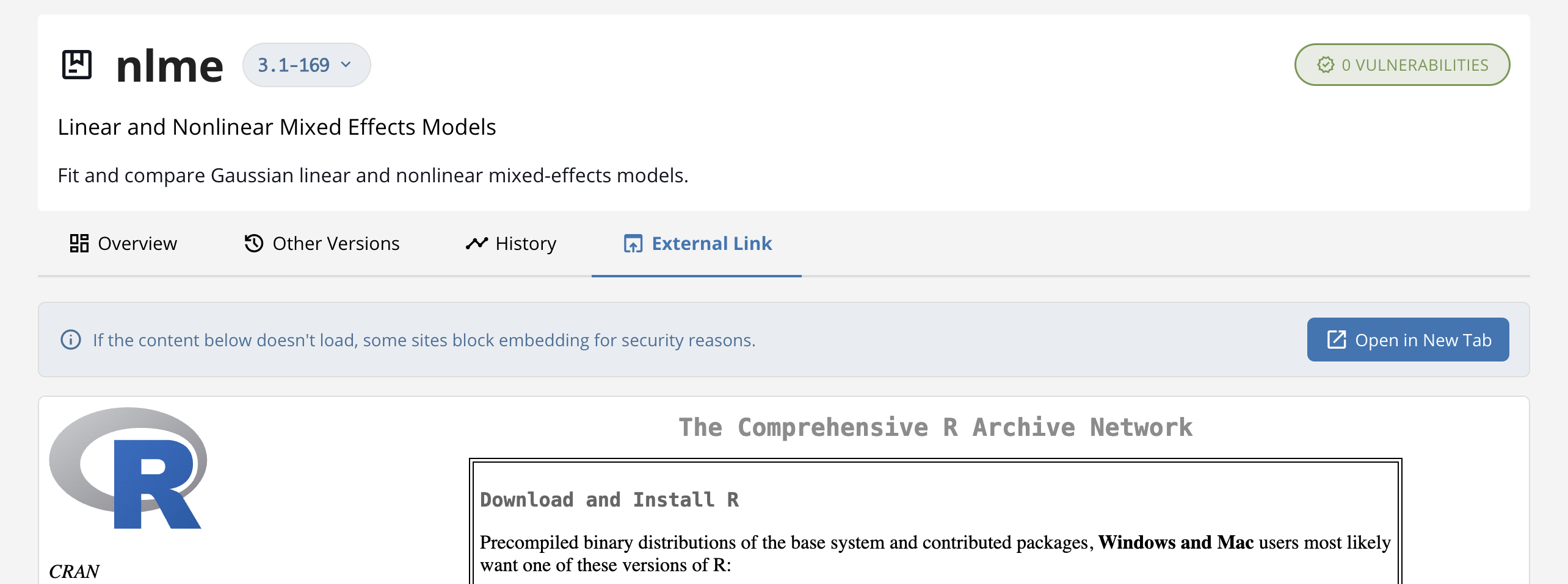 Embedded custom tab showing iframe content with info banner about external embedding and fallback Open in New Tab button