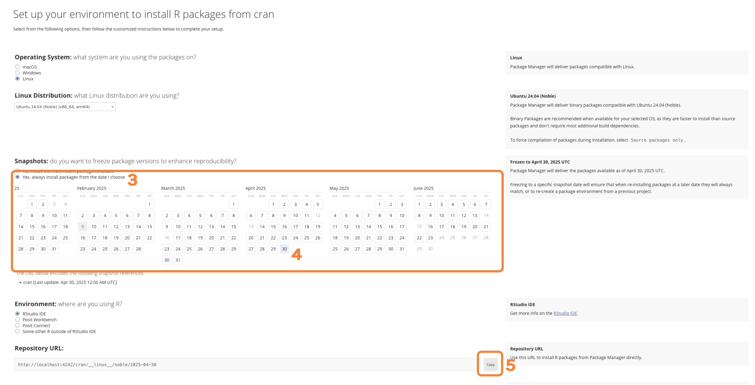 Package Manager Setup page screenshot, showing snapshot calendar to select a snapshot date