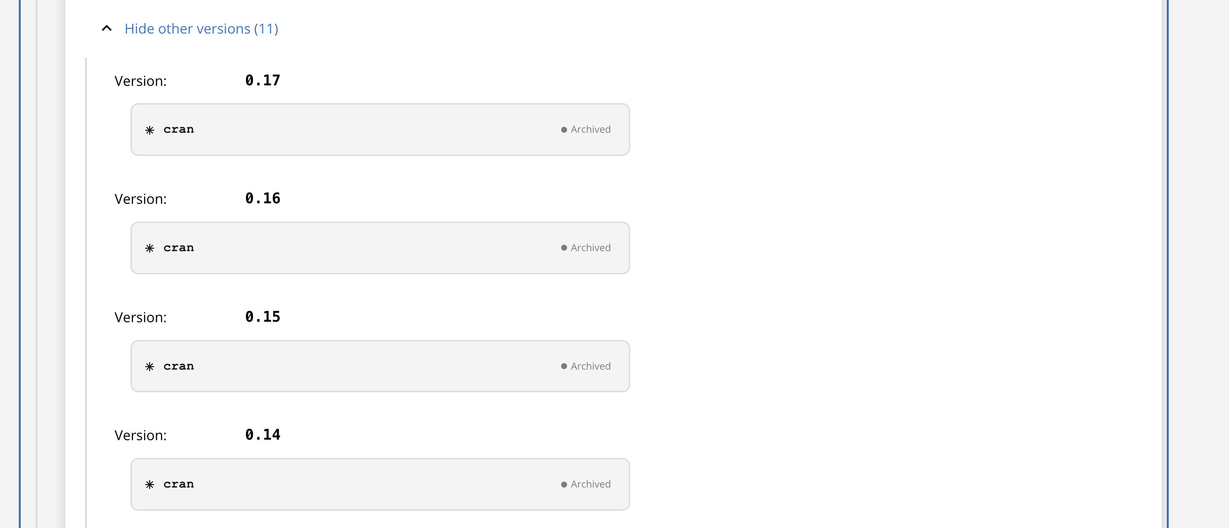 Expanded other versions panel showing multiple archived versions from the cran source