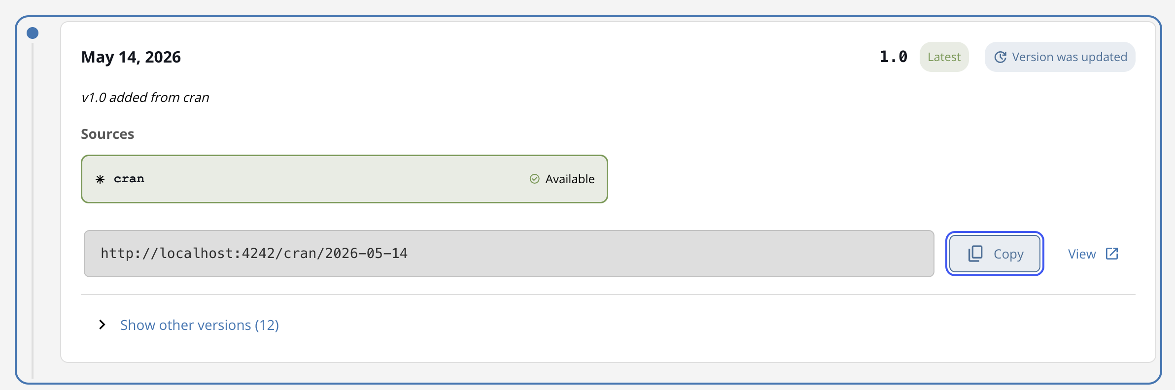 Snapshot URL row showing the URL in monospace, a Copy button, and a View link with an open-in-new icon