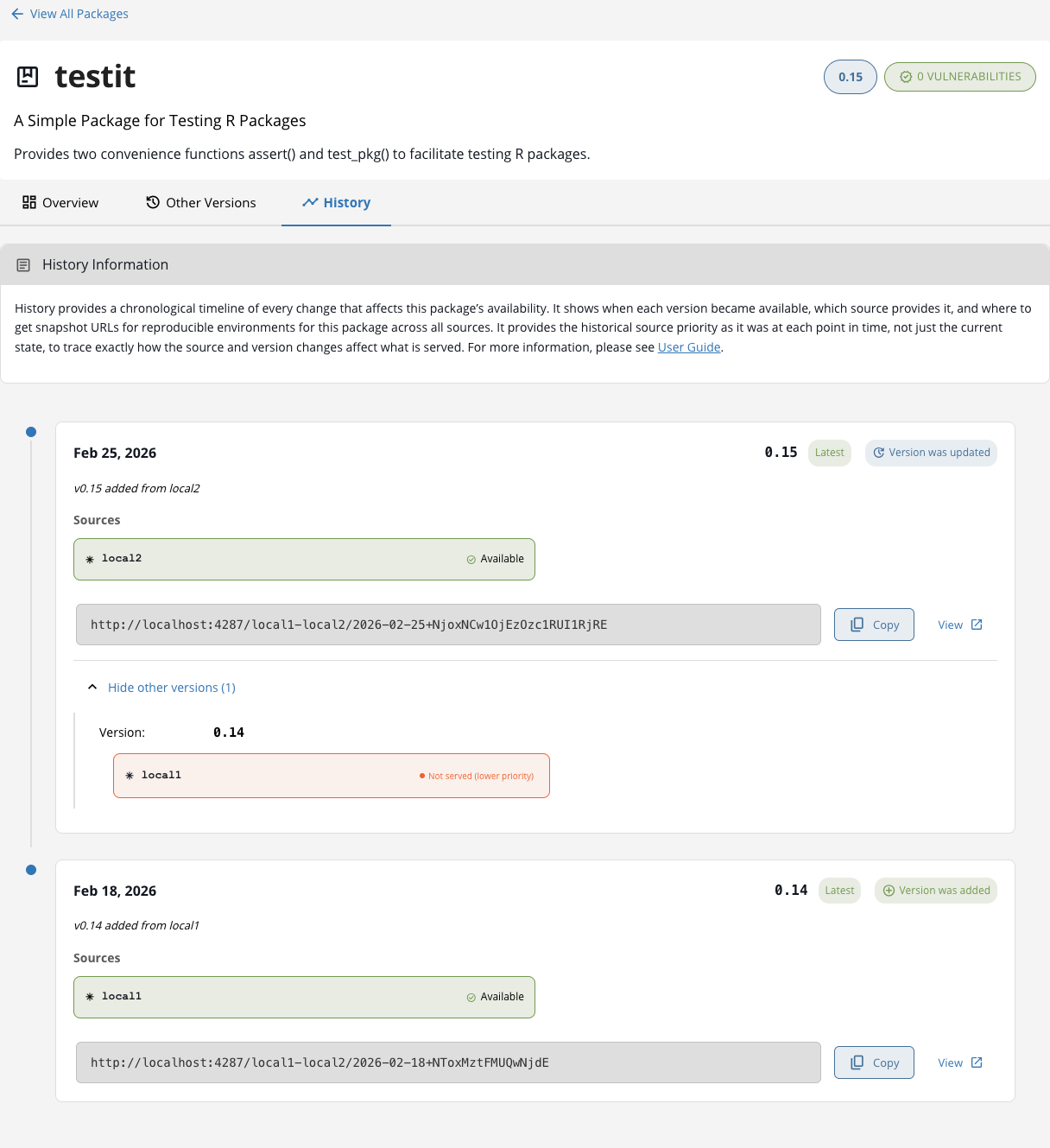 Timeline entry showing version 0.15 Available from local2, with version 0.14 from local1 marked Not served (lower priority)