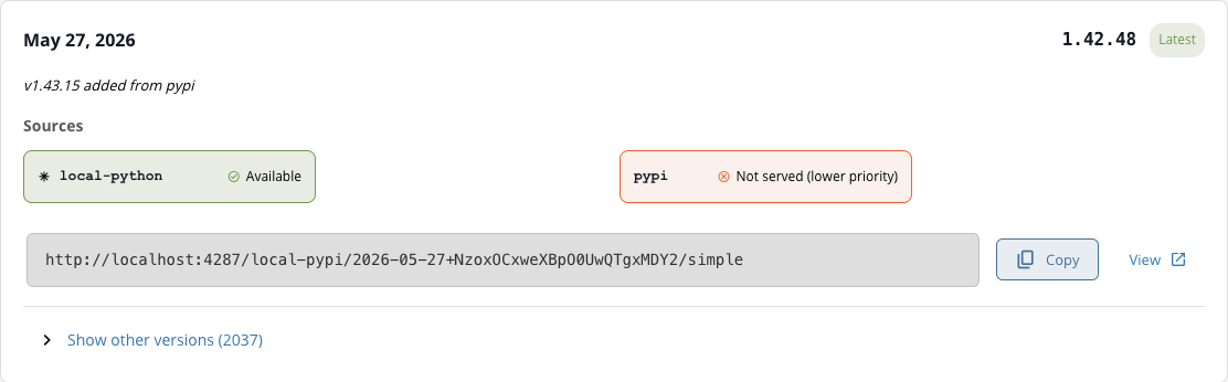 Timeline entry for boto3 showing version 1.42.48 Available from local-python and Not served (lower priority) from pypi, with a Show other versions button