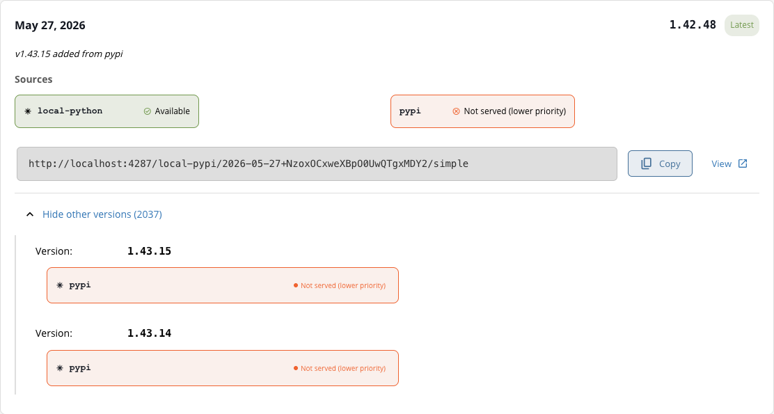 Timeline entry showing version 1.42.48 Available from local-python and Not served from pypi, with the other versions panel expanded to show pypi-only versions 1.43.15 and 1.43.14 both marked Not served (lower priority)