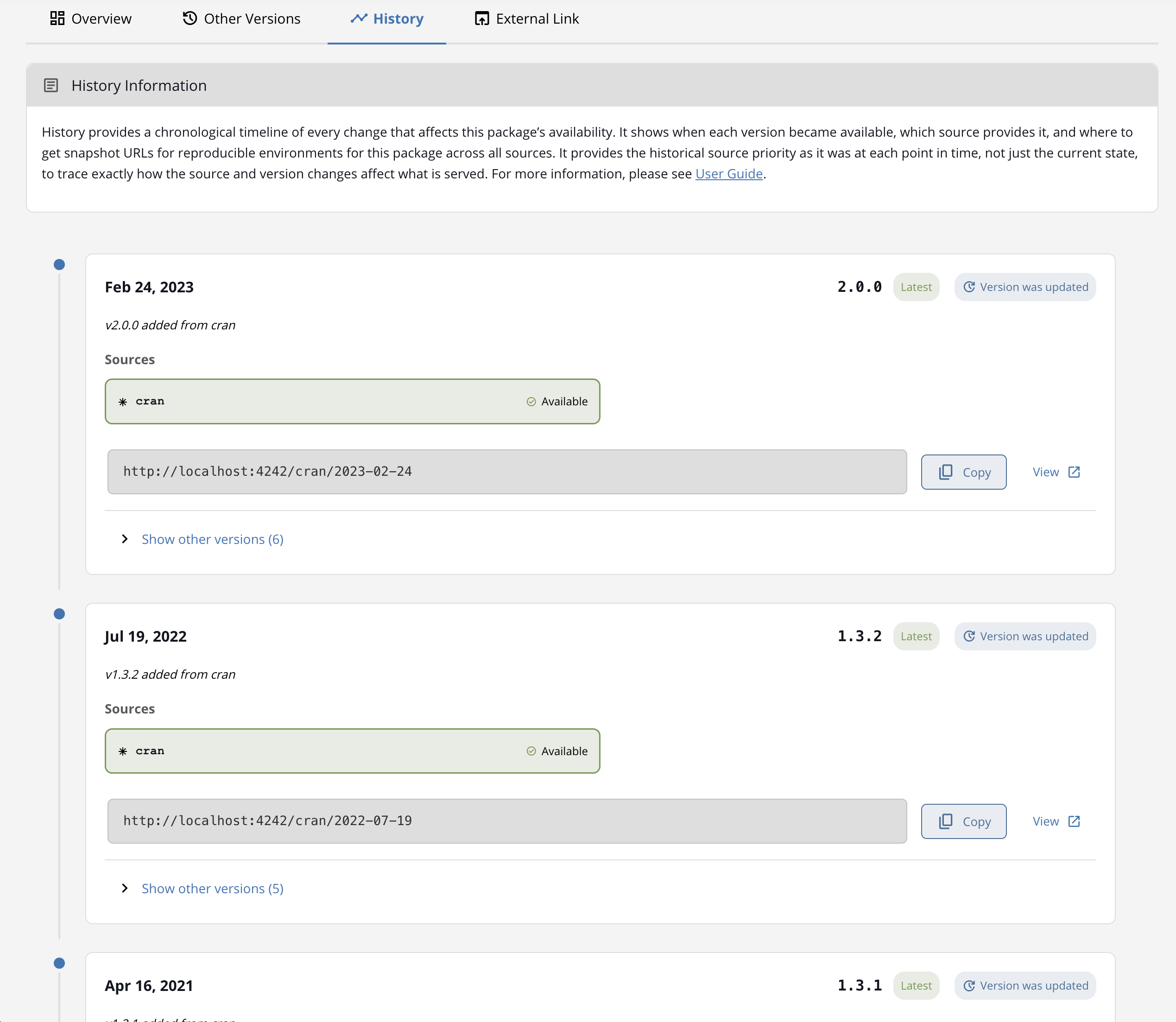 History tab showing vertical timeline with dates, change descriptions, versions with source status badges, and snapshot URLs