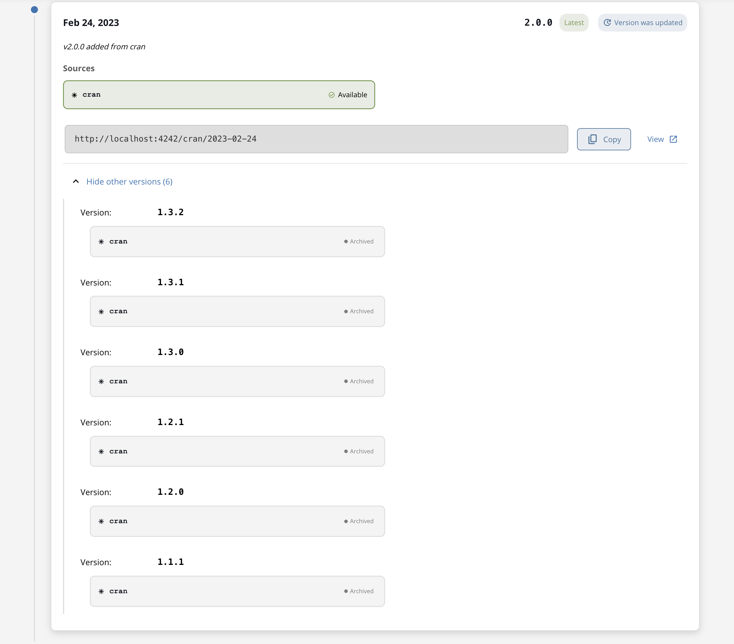 Timeline entry showing date, change description, latest version 2.0.0 with Available status, snapshot URL, and expandable archived versions