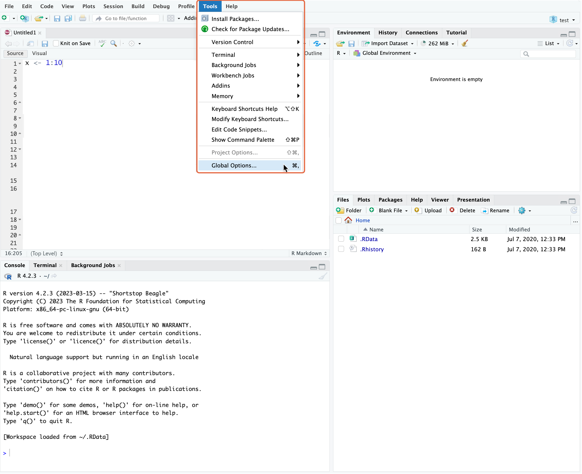 RStudio IDE Tools > Global Options screenshot