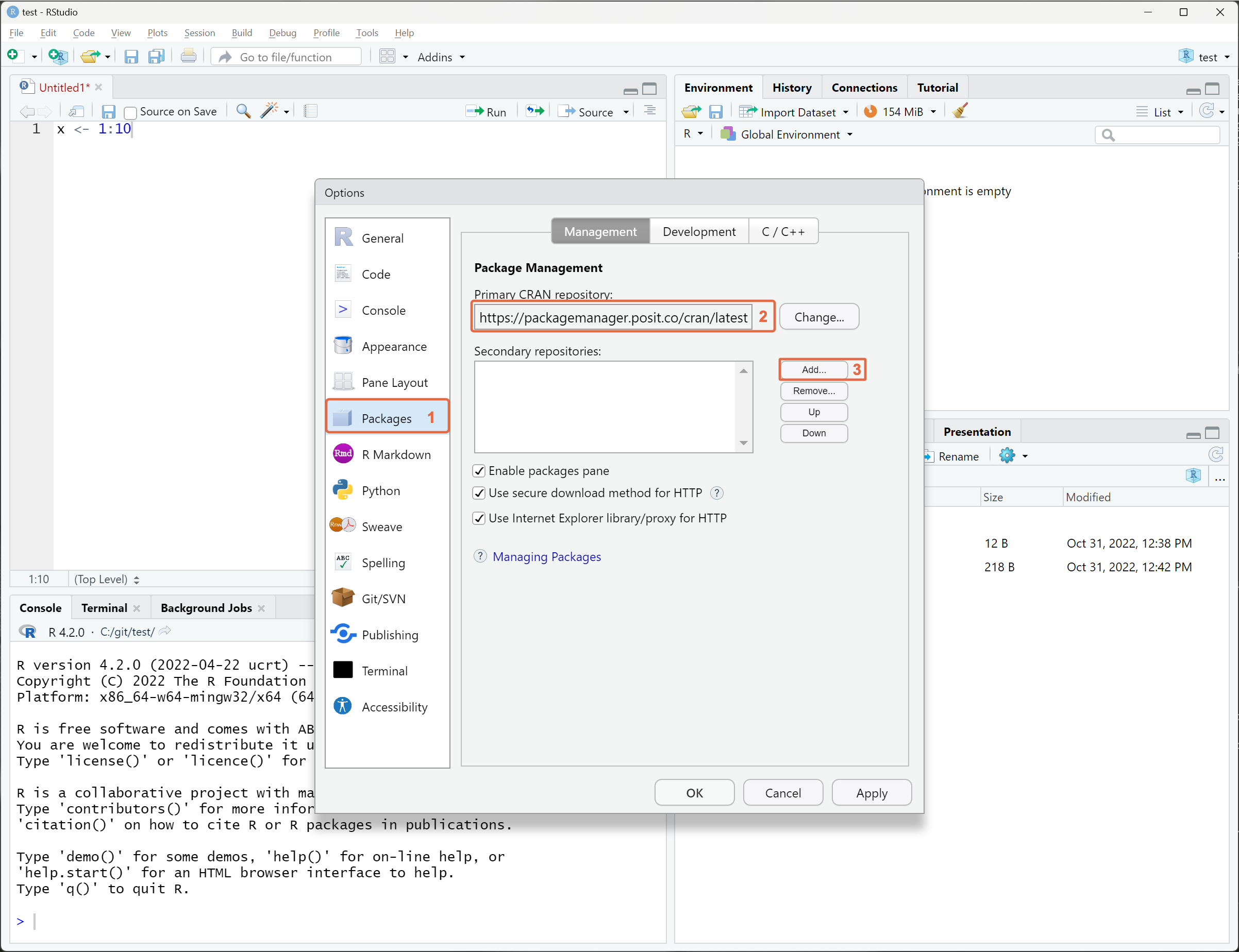 RStudio IDE Global Options screenshot for setting CRAN repository