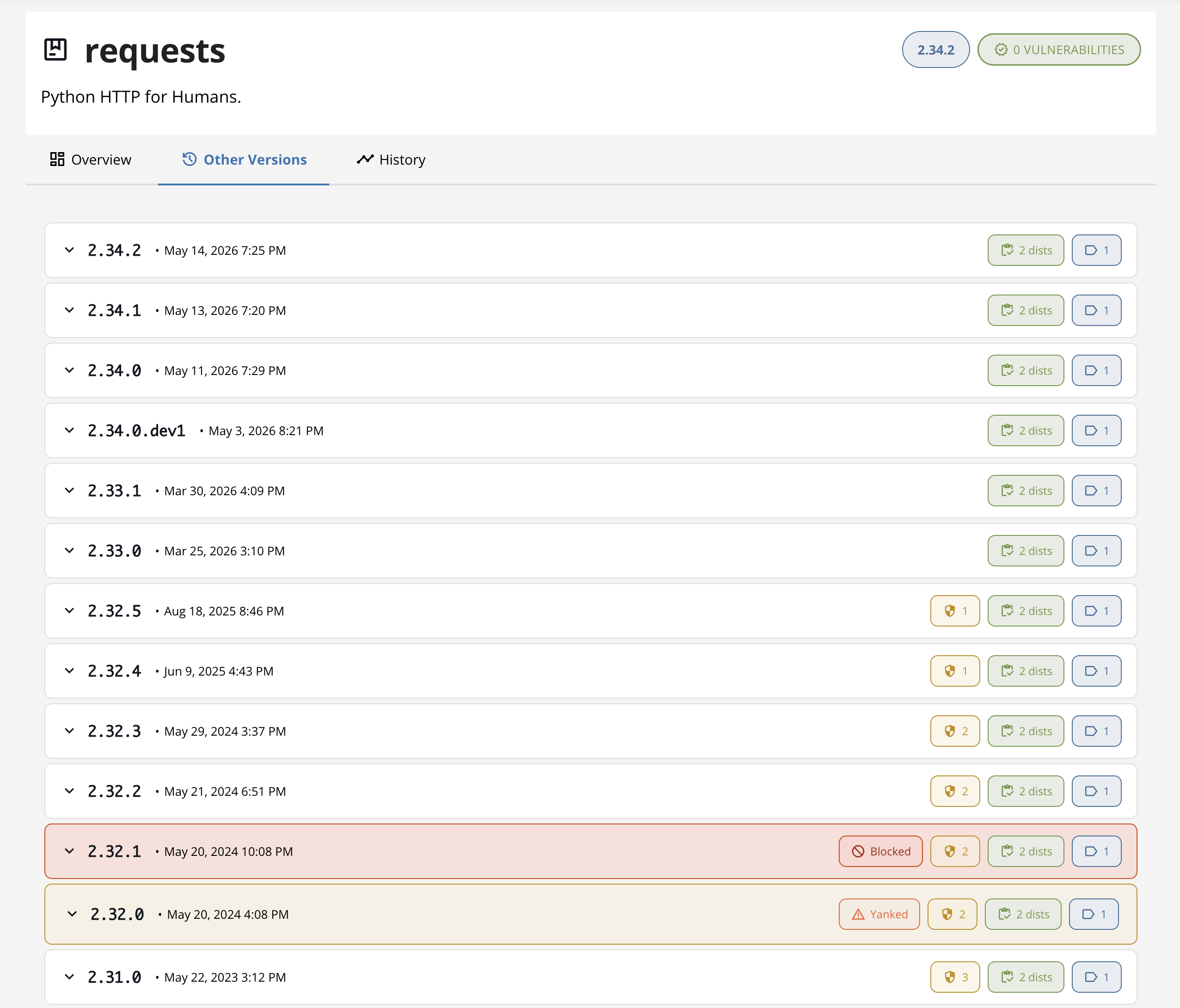Other Versions tab showing list of releases with status badges and expandable details