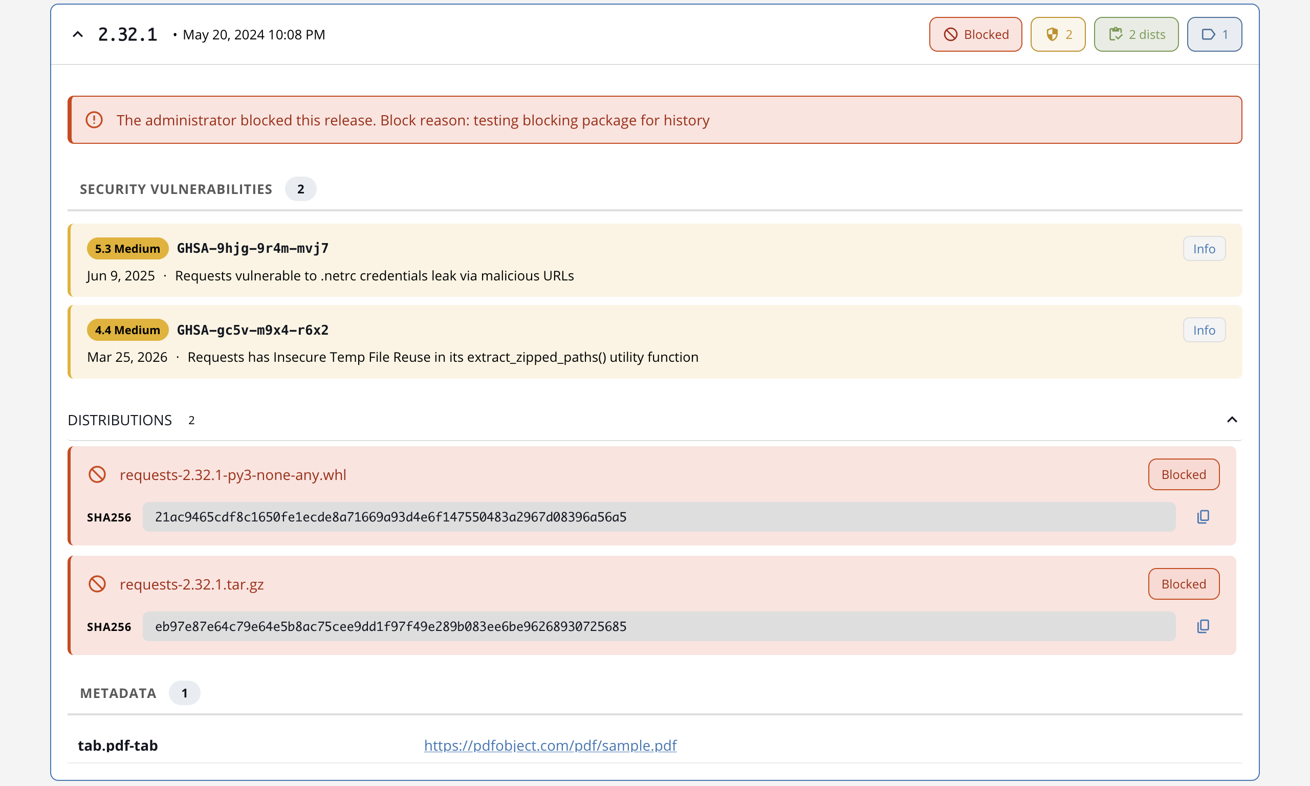 Blocked distribution row showing block icon, filename, Blocked badge, and inline SHA256
