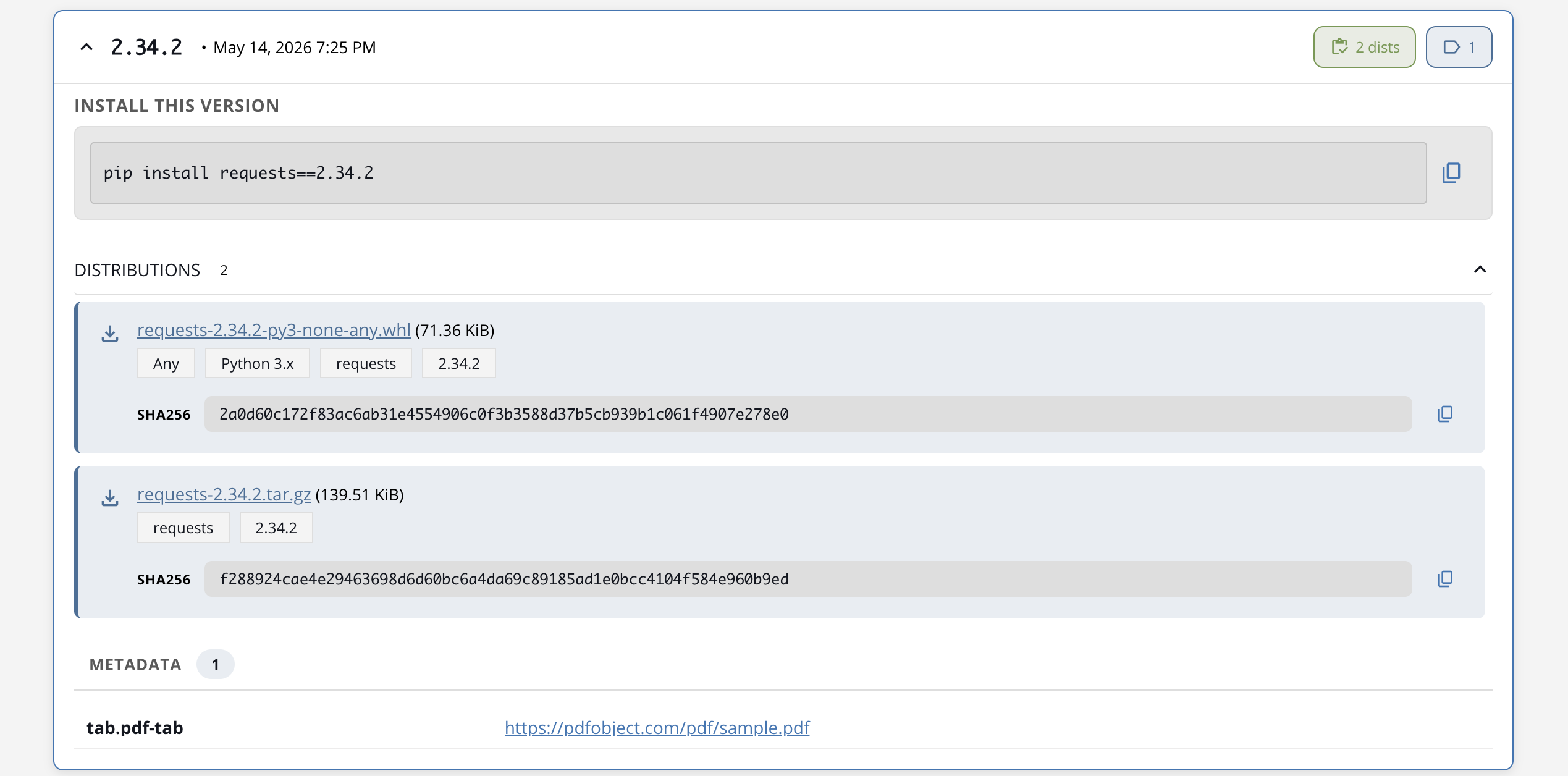 Expanded Python release with install code, distribution rows, and inline SHA256 hashes