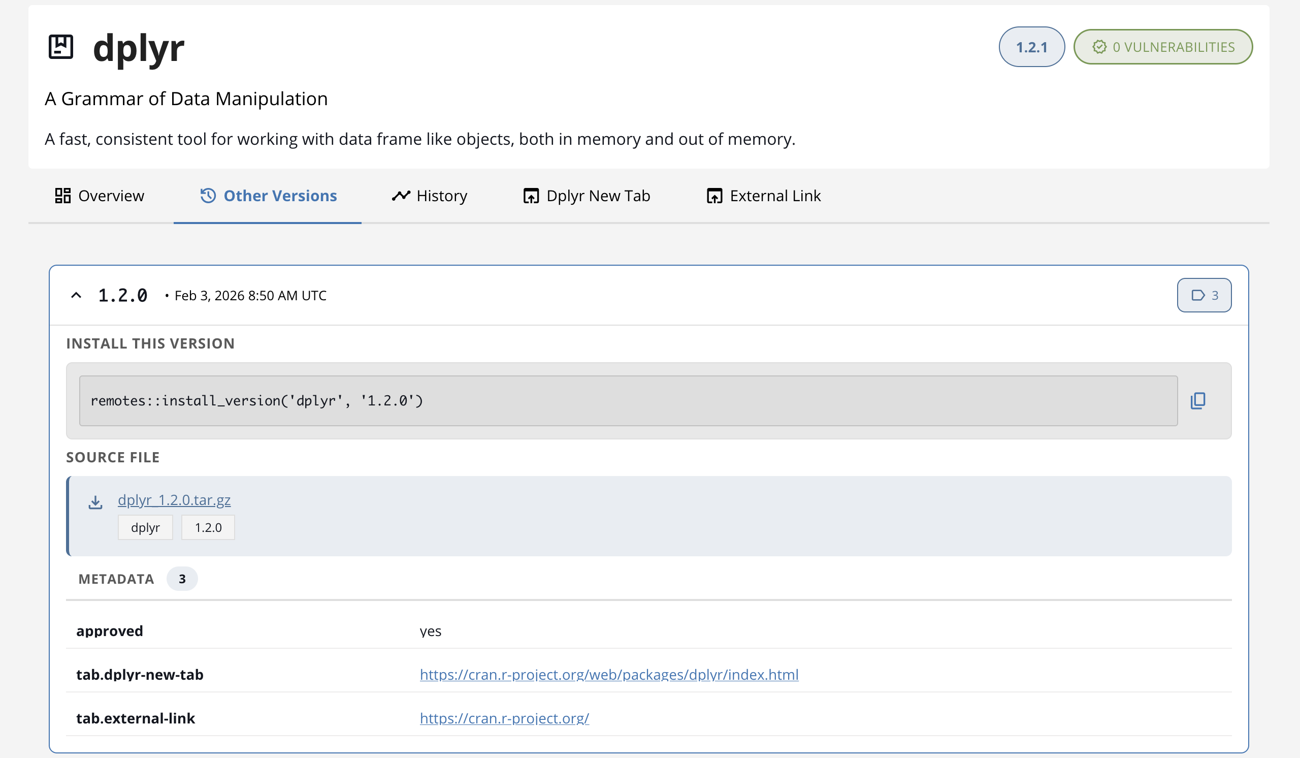 R archived versions list with expanded row showing dependencies and download links