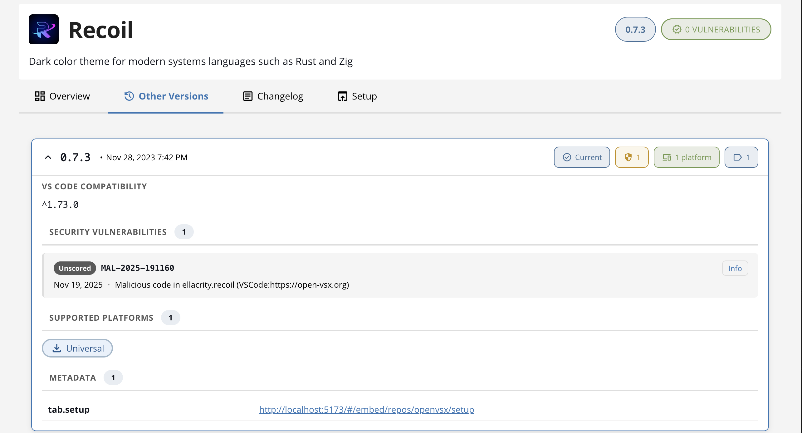 Expanded Open VSX version showing VS Code and Positron compatibility, vulnerabilities, and per-platform download chips