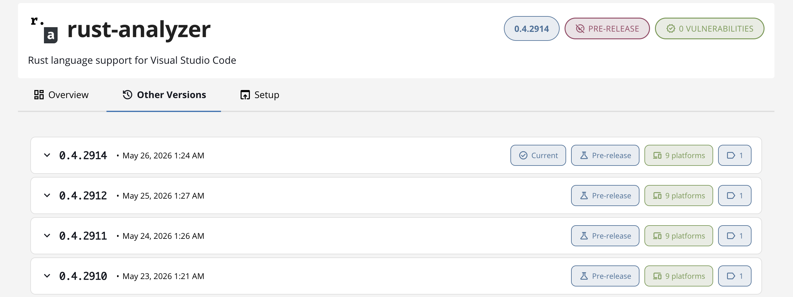 Open VSX Other Versions list with Current, Blocked, and Pre-release status badges and platform count
