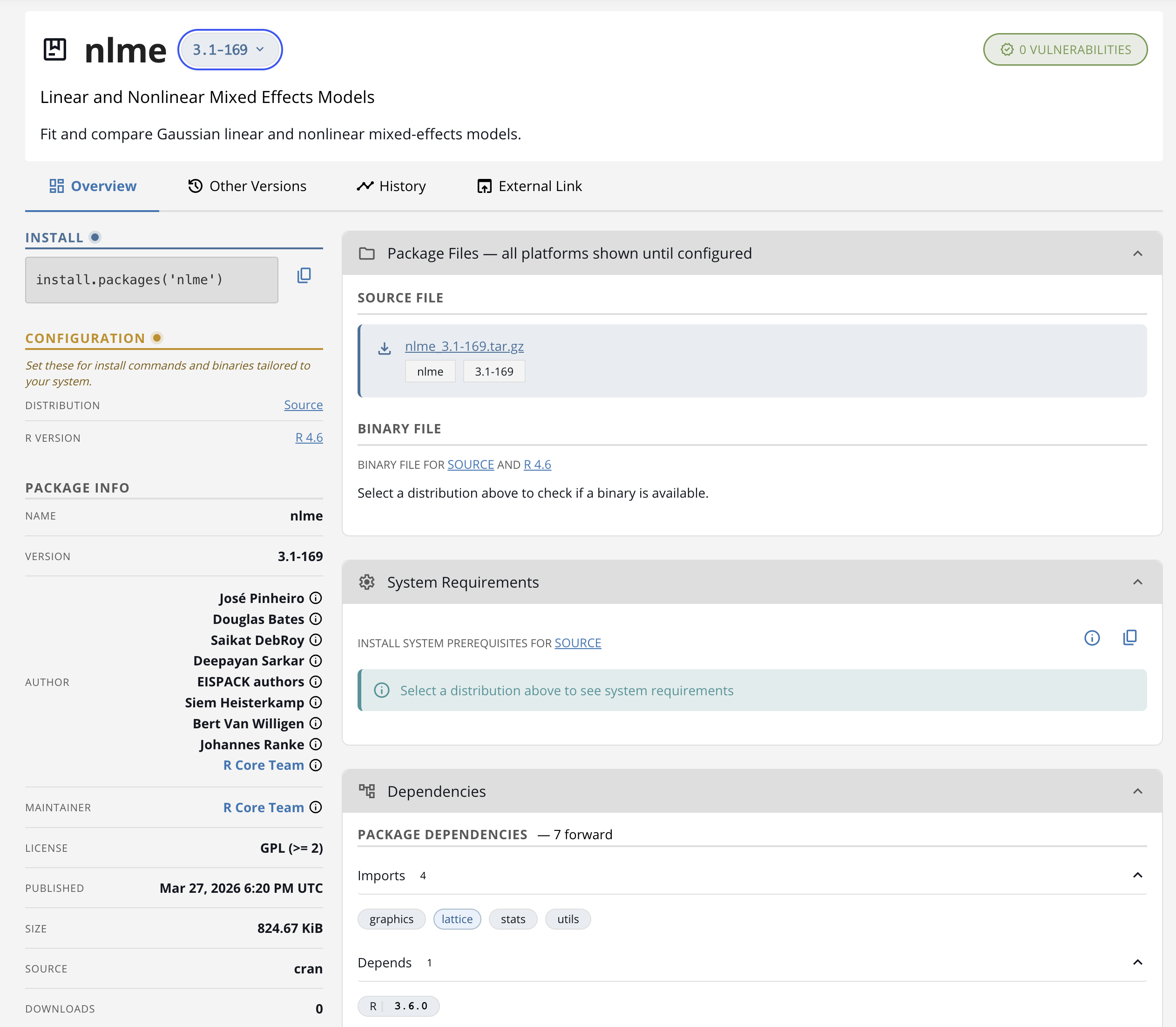 R package Overview with version selector, install code, sidebar facts, and expandable README and dependencies