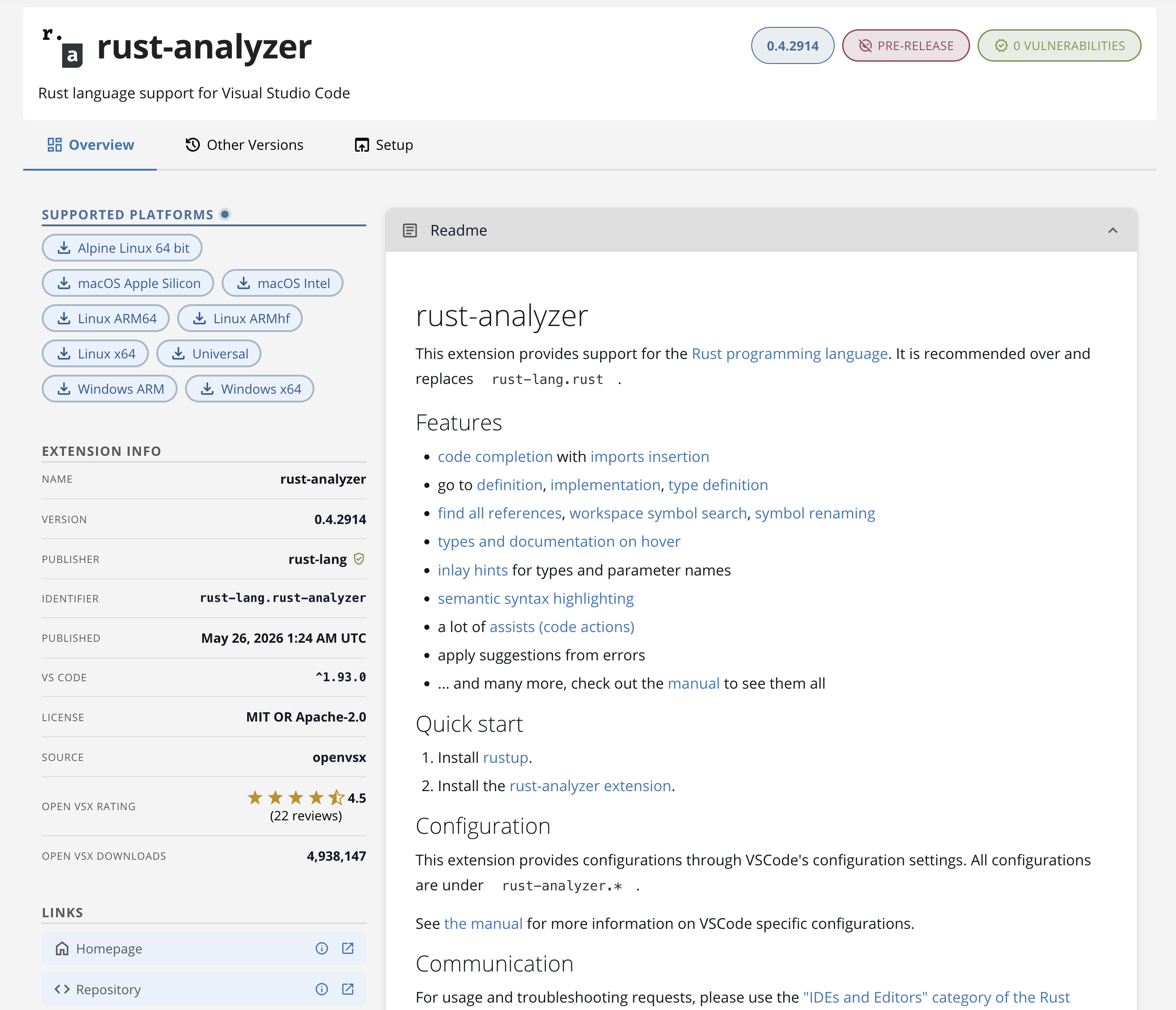 Open VSX extension Overview with icon hero, supported platforms sidebar card, and categories and tags in the main column