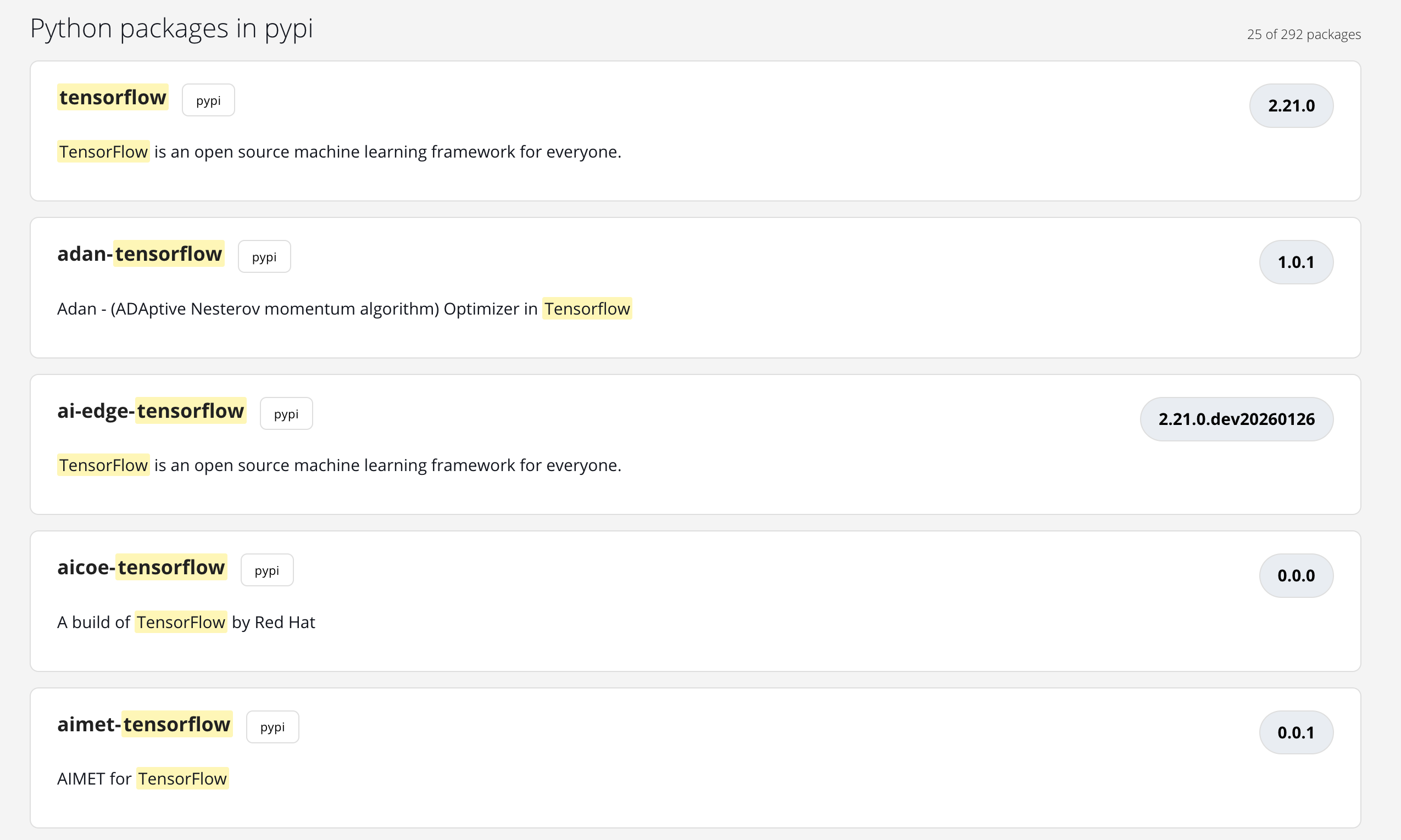 Python package result card with version, author, description, license, and download count