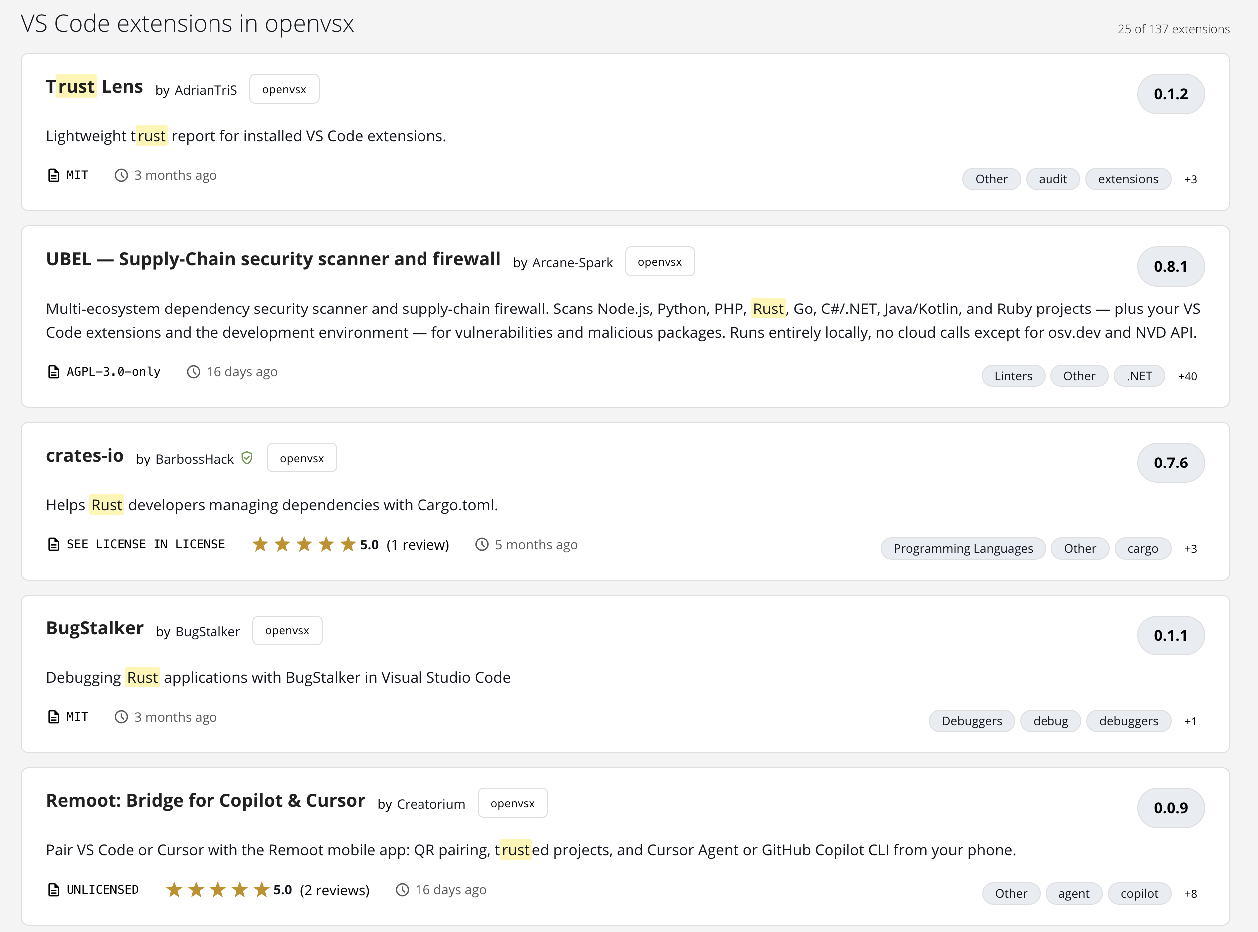 Open VSX extension result card with icon, display name, verified publisher badge, rating, and tags