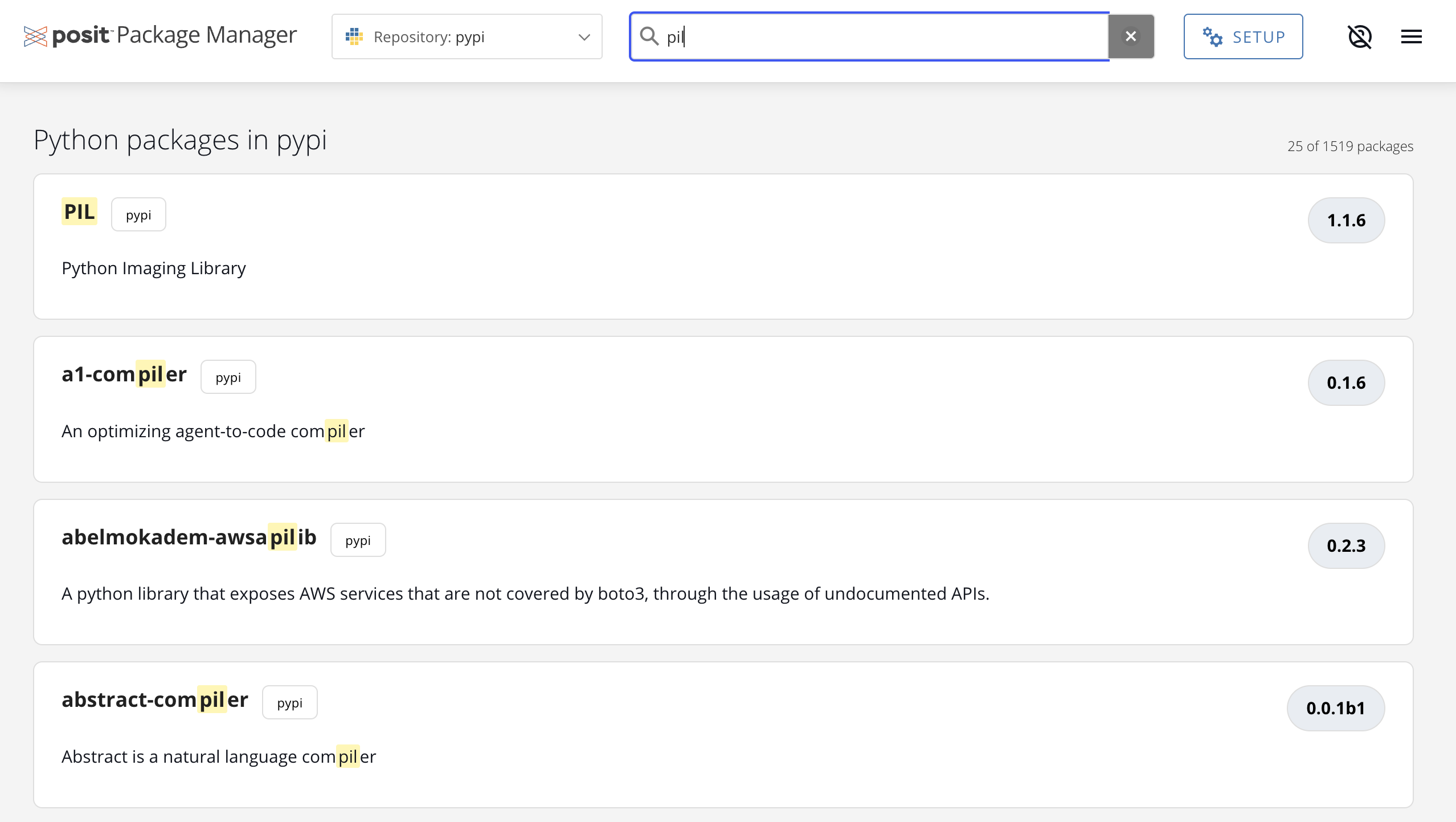 Search input with placeholder text and active query showing highlighted matches in result cards