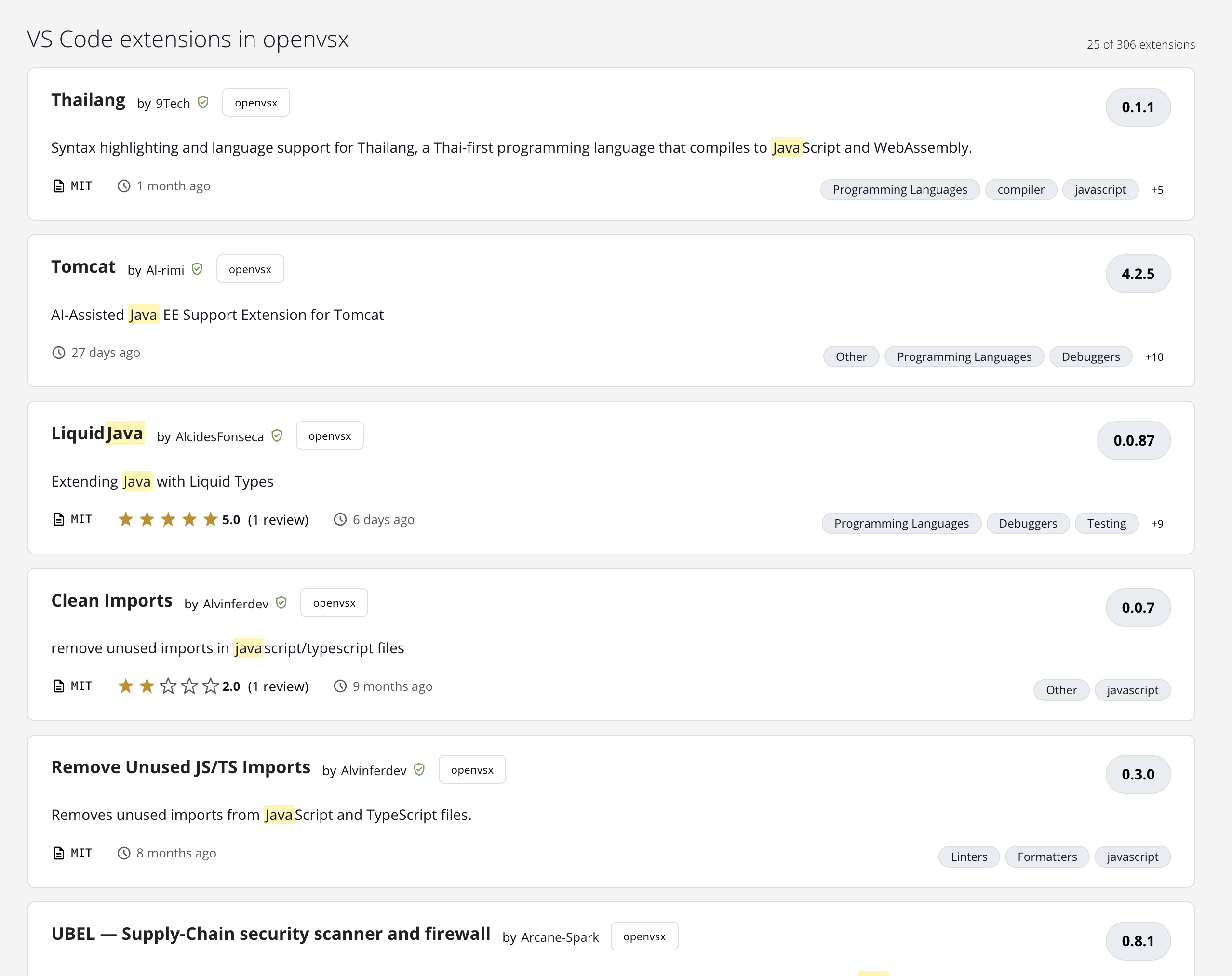 Packages page showing repository title, search input, result cards, and pagination controls