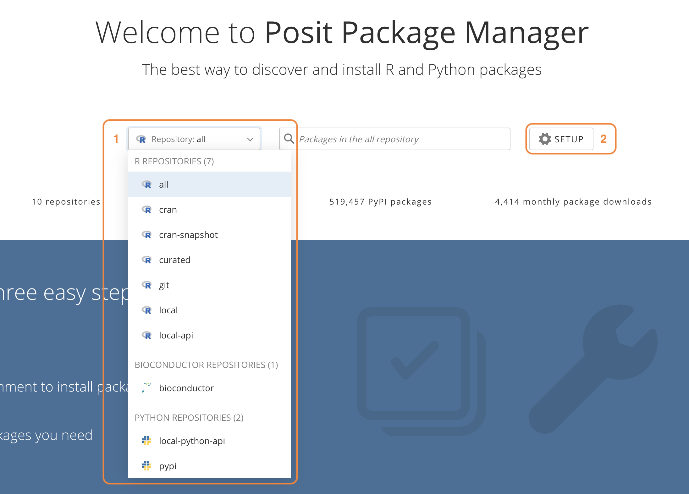 Package Manager home page screenshot, showing selecting a repository from the list